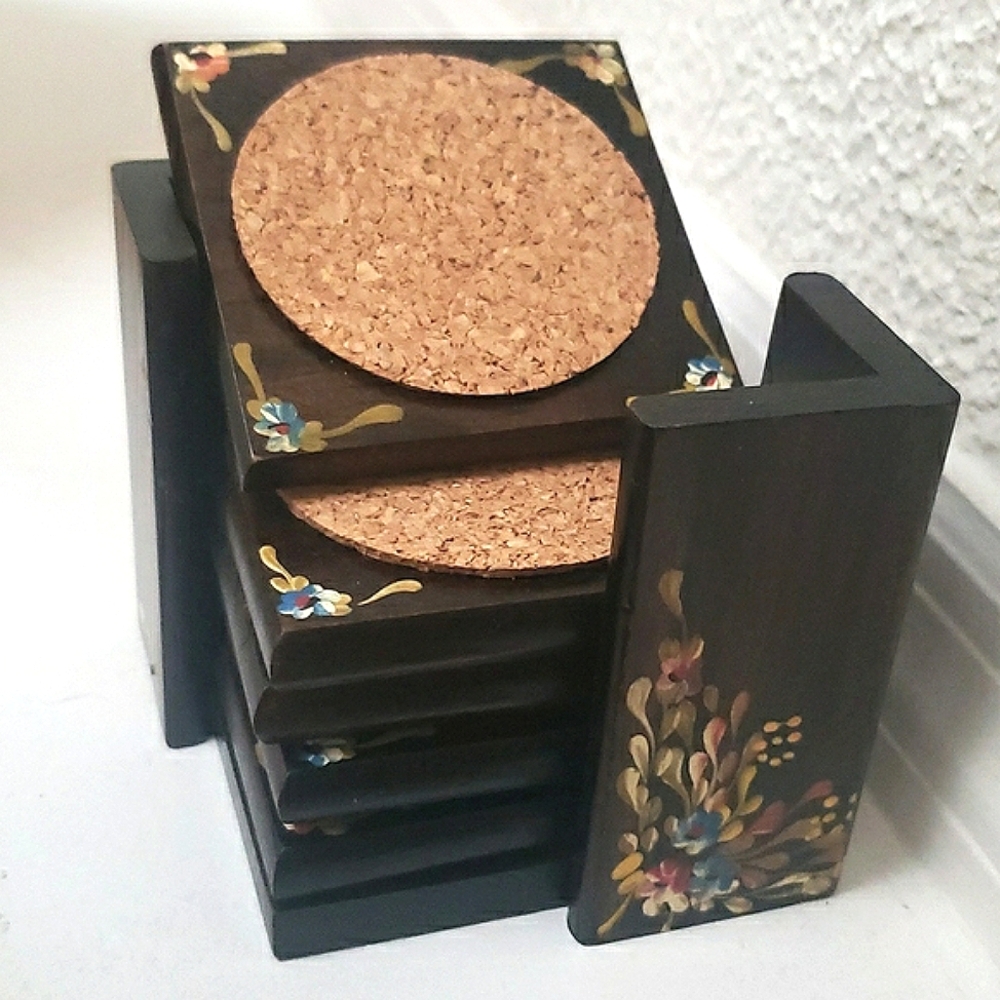 Vtg Wood and Cork Coasters and Holder Set of 6 drink coasters Hand P…